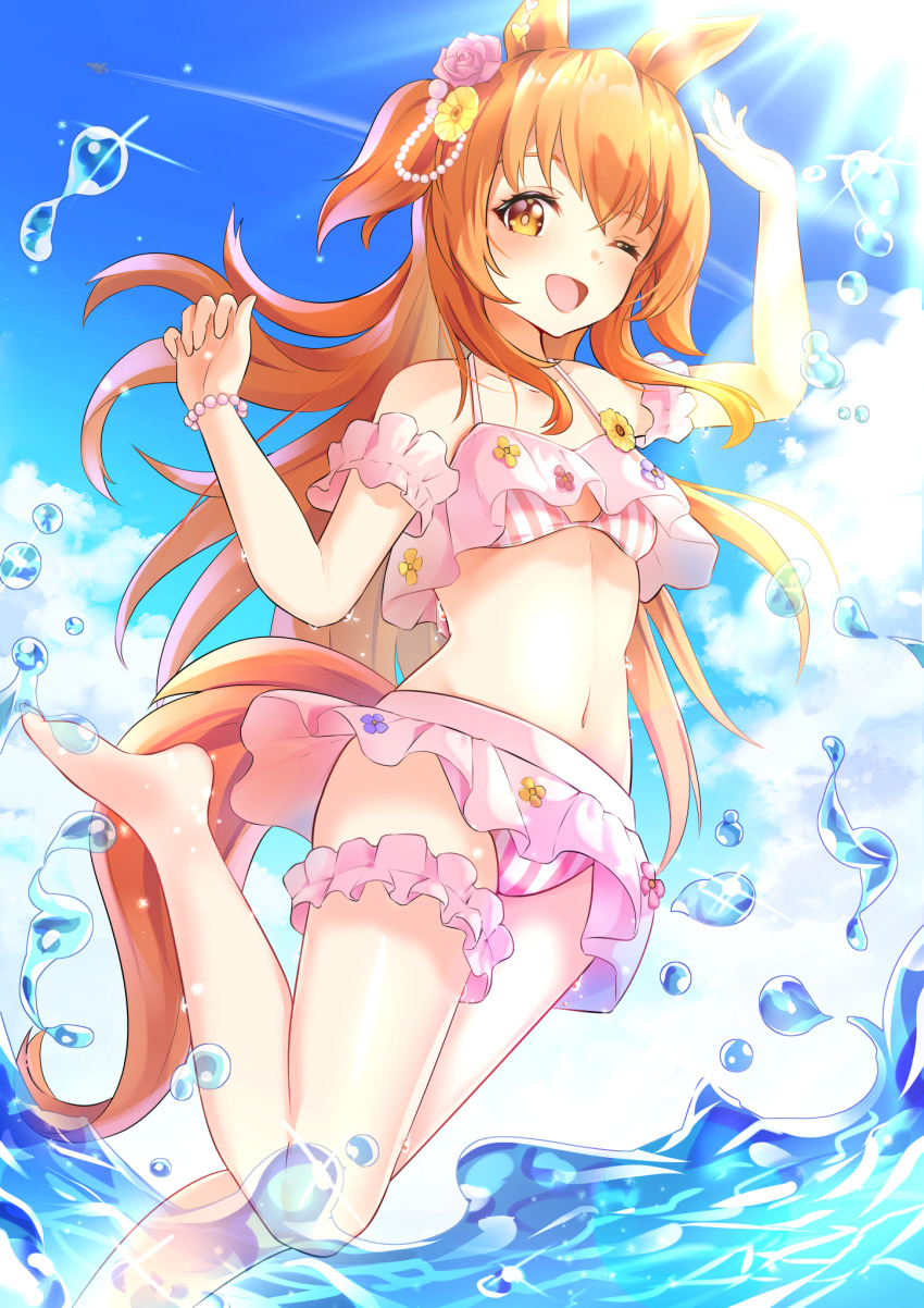 1girl, animal_ears, bikini, blonde_hair, blue_eyes, bracelet, cloud, day