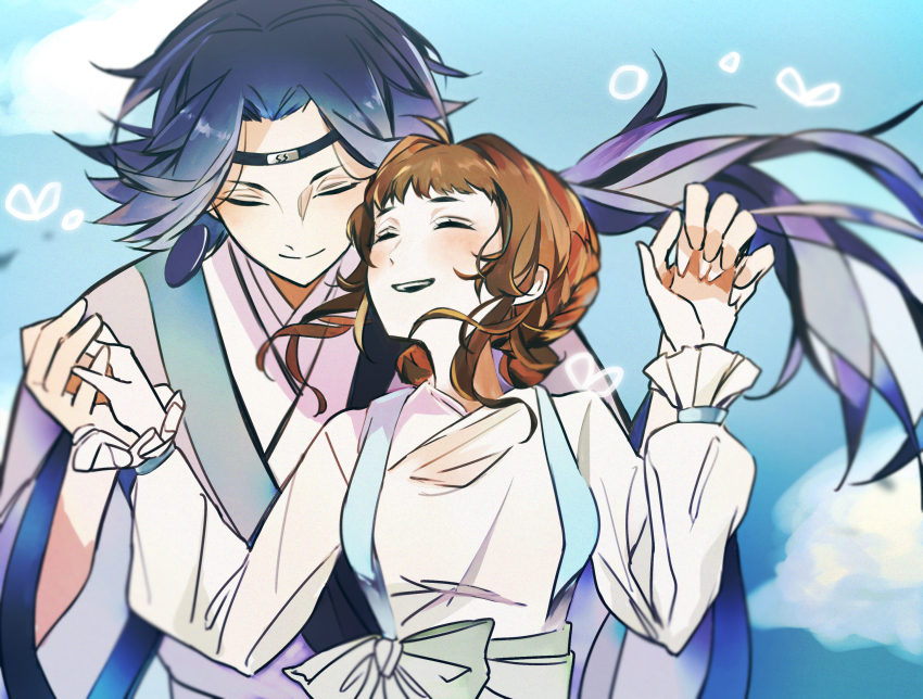 1boy, 1girl, blue_hair, blush, brown_hair, cloud, earrings, closed_eyes