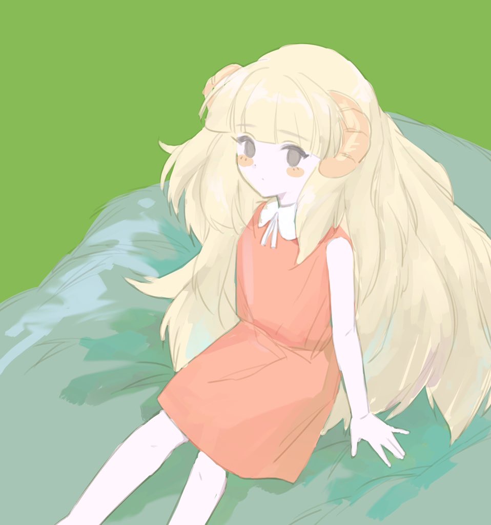 1girl, blonde_hair, blunt_bangs, blush, dress, feet_out_of_frame, fenmo_(the_legend_of_luoxiaohei), grey_eyes, horns, long_hair, pale_skin, red_dress, shadow, sketch, solatky, solo, luo_xiaohei_zhanji, very_long_hair