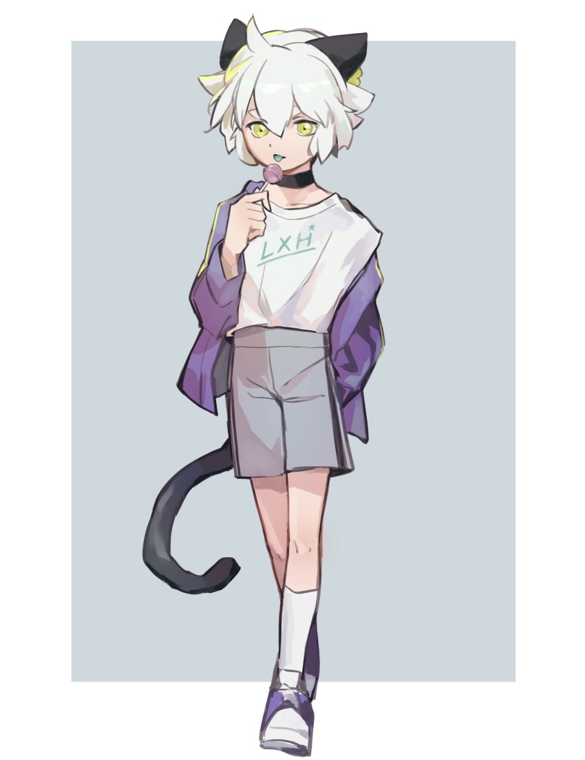 1boy, absurdres, animal_ears, black_choker, blue_tongue, border, candy, cat_boy, cat_ears, cat_tail, choker, colored_tongue, food, green_eyes, grey_background, grey_shorts, highres, holding, holding_candy, holding_food, jacket, lollipop, luo_xiaohei, luo_xiaohei_(human), luo_xiaohei_zhanji, print_shirt, purple_jacket, shirt, shoes, short_hair, shorts, socks, solatky, solo, tail, white_border, white_hair, white_shirt, white_socks