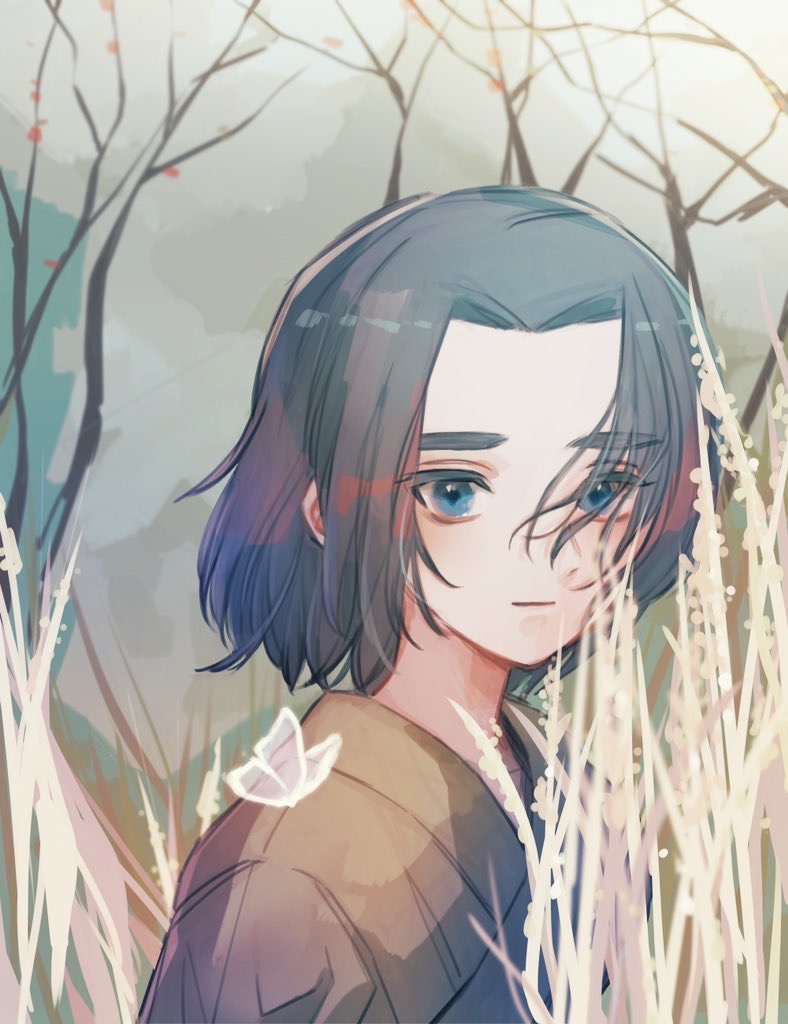 1boy, aged_down, black_hair, blue_eyes, grass, hair_over_one_eye, looking_at_viewer, medium_hair