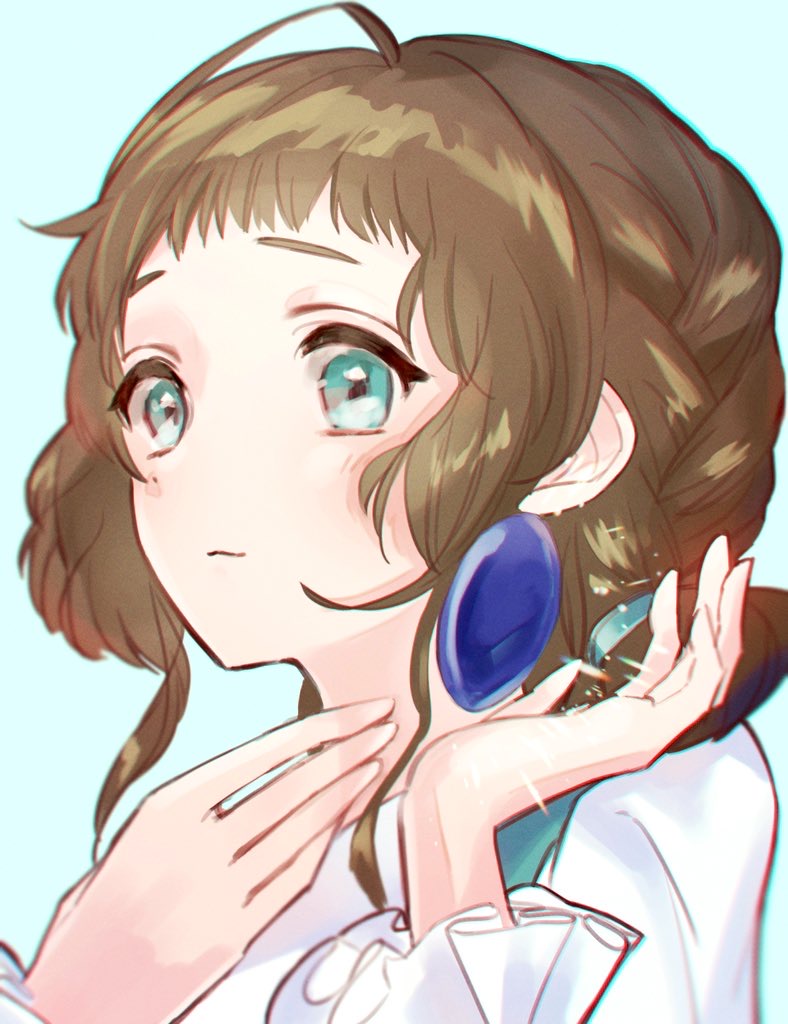 1girl, aqua_eyes, blue_background, brown_hair, earrings, glowing, hands_up, jewelry