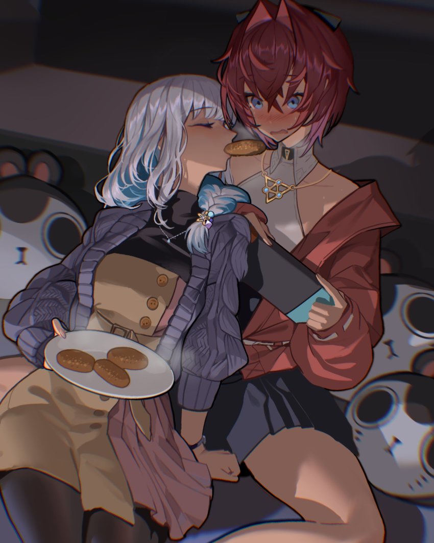 2girls, ange_katrina, ange_katrina_(summer_casual), beige_dress, blush, braid, breasts, closed_eyes, collarbone, colored_inner_hair, croquette, flat_chest, food, hair_intakes, halterneck, handheld_game_console, highres, holding, holding_handheld_game_console, holding_plate, in_mouth, jacket, jewelry, kamitoge_supino, lize_helesta, lize_helesta_(5th_costume), long_hair, medium_breasts, multicolored_hair, multiple_girls, necklace, nijisanji, nintendo_switch, open_mouth, plate, purple_sweater, red_hair, red_jacket, short_hair, sweater, virtual_youtuber, white_hair