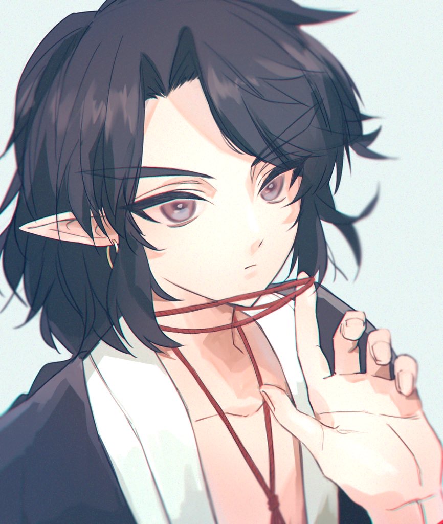 1boy, black_hair, earrings, expressionless, hand_up, hoop_earrings, jewelry, lanxi_zhen, long_hair, looking_at_viewer, pointy_ears, portrait, shadow, simple_background, solatky, solo, luo_xiaohei_zhanji, white_background, xuan_li_(the_legend_of_luo_xiaohei)