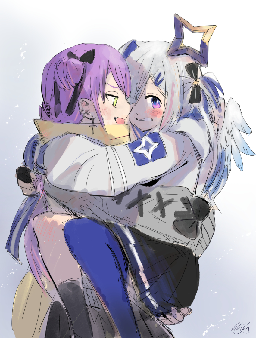 amane_kanata, amane_kanata_(work), angel, angel_wings, blue_hair, blush, carrying, colored_inner_hair