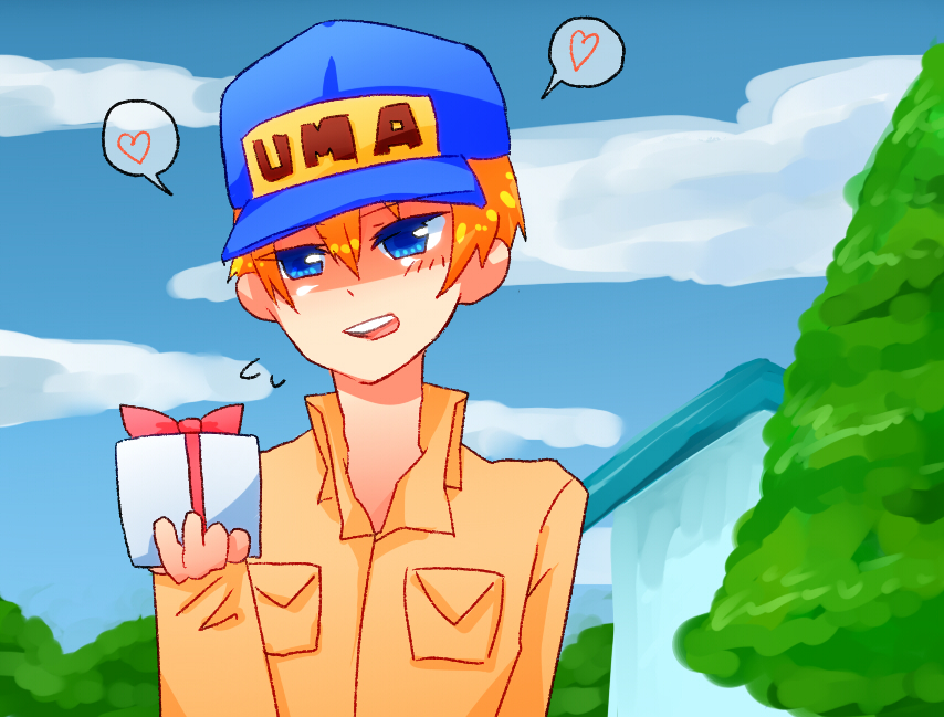 1boy, blue_eyes, gift, gray_(bokujou_monogatari), harvest_moon, hat, heart, male_focus, orange_hair, solo, spoken_heart
