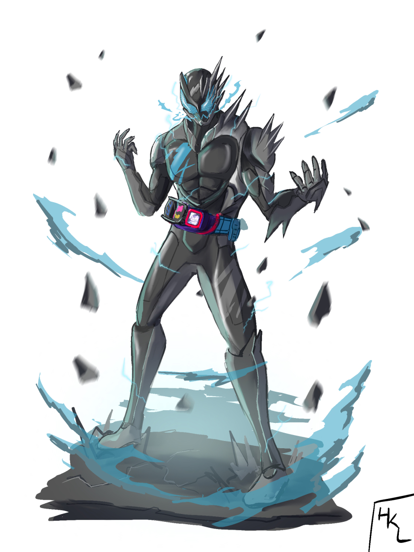 1boy, armor, asymmetrical_armor, black_armor, blue_eyes, bodysuit, compound_eyes, hakael1998, helmet, highres, kamen_rider, kamen_rider_jack_revice, kamen_rider_revi, kamen_rider_revice, powering_up, revice_driver, rider_belt, rolling_vistamp, sharp_teeth, shoulder_armor, signature, spiked_armor, spikes, teeth, tokusatsu
