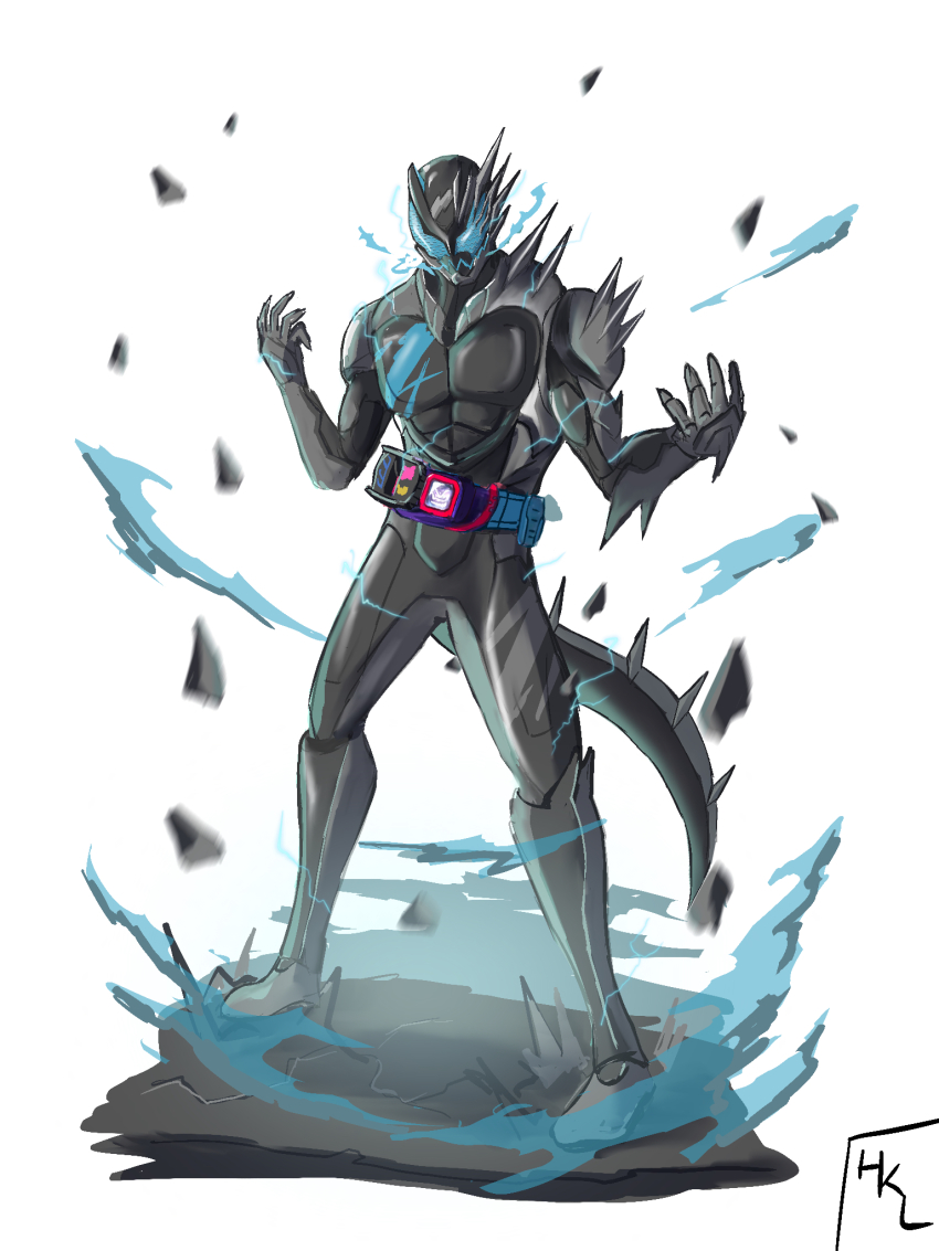 1boy, armor, artist_name, asymmetrical_armor, black_armor, black_tail, blue_eyes, bodysuit