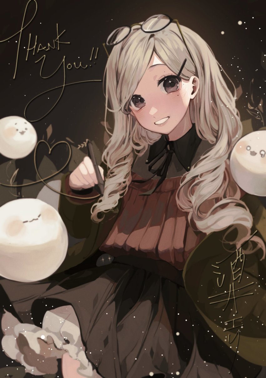 1girl, absurdres, black_skirt, blush, breasts, brown_background, brown_eyes, brown_sweater, commentary, english_commentary, eri_(vtuber), glasses, grey_hair, head_tilt, heart, highres, indie_virtual_youtuber, long_hair, medium_breasts, mixed-language_commentary, mole, mole_under_eye, parted_lips, ribbed_sweater, round_eyewear, sakai_eri_(illustratoreri), skirt, smile, solo, sweater, virtual_youtuber