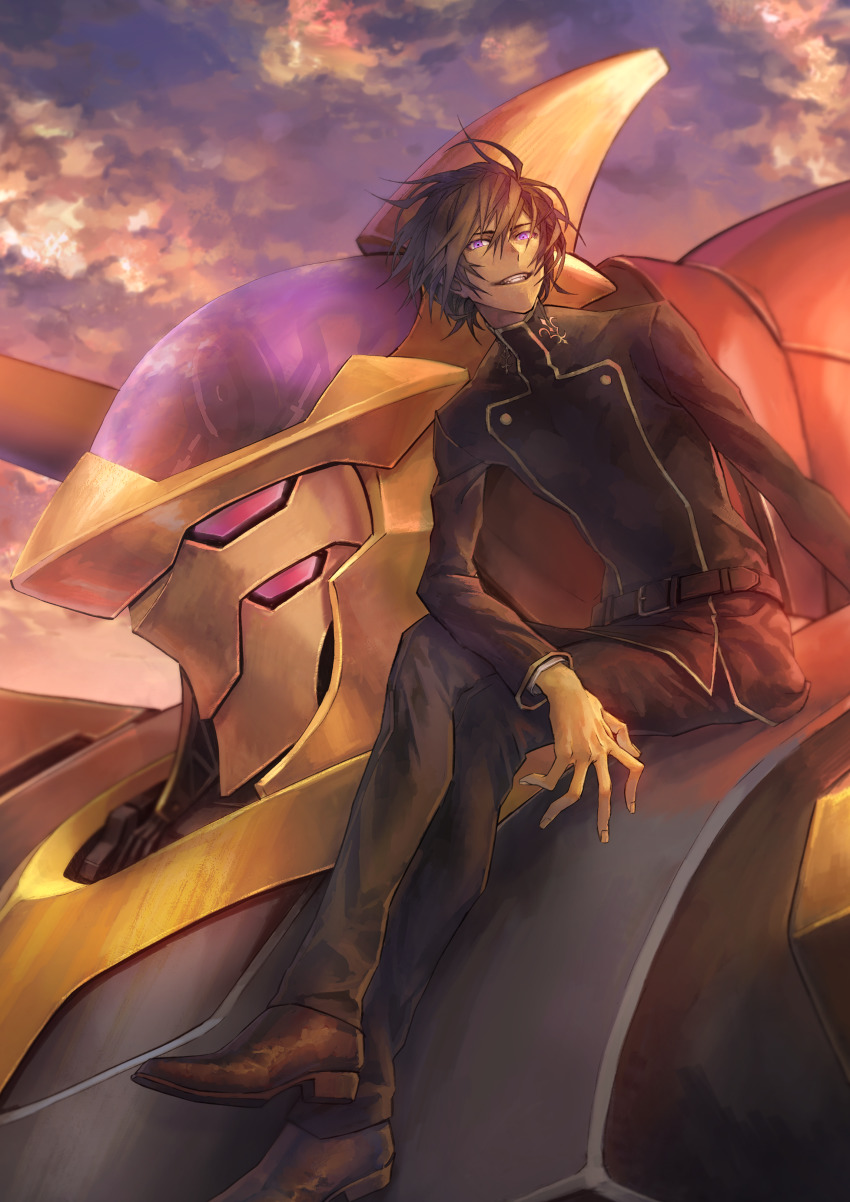 1boy, absurdres, arm_support, black_hair, brown_footwear, cloud, code_geass, four_comma_two, highres, knightmare_frame, crossed_legs, lelouch_vi_britannia, long_fingers, purple_eyes, school_uniform, shinkirou, short_hair, smile, solo, teeth