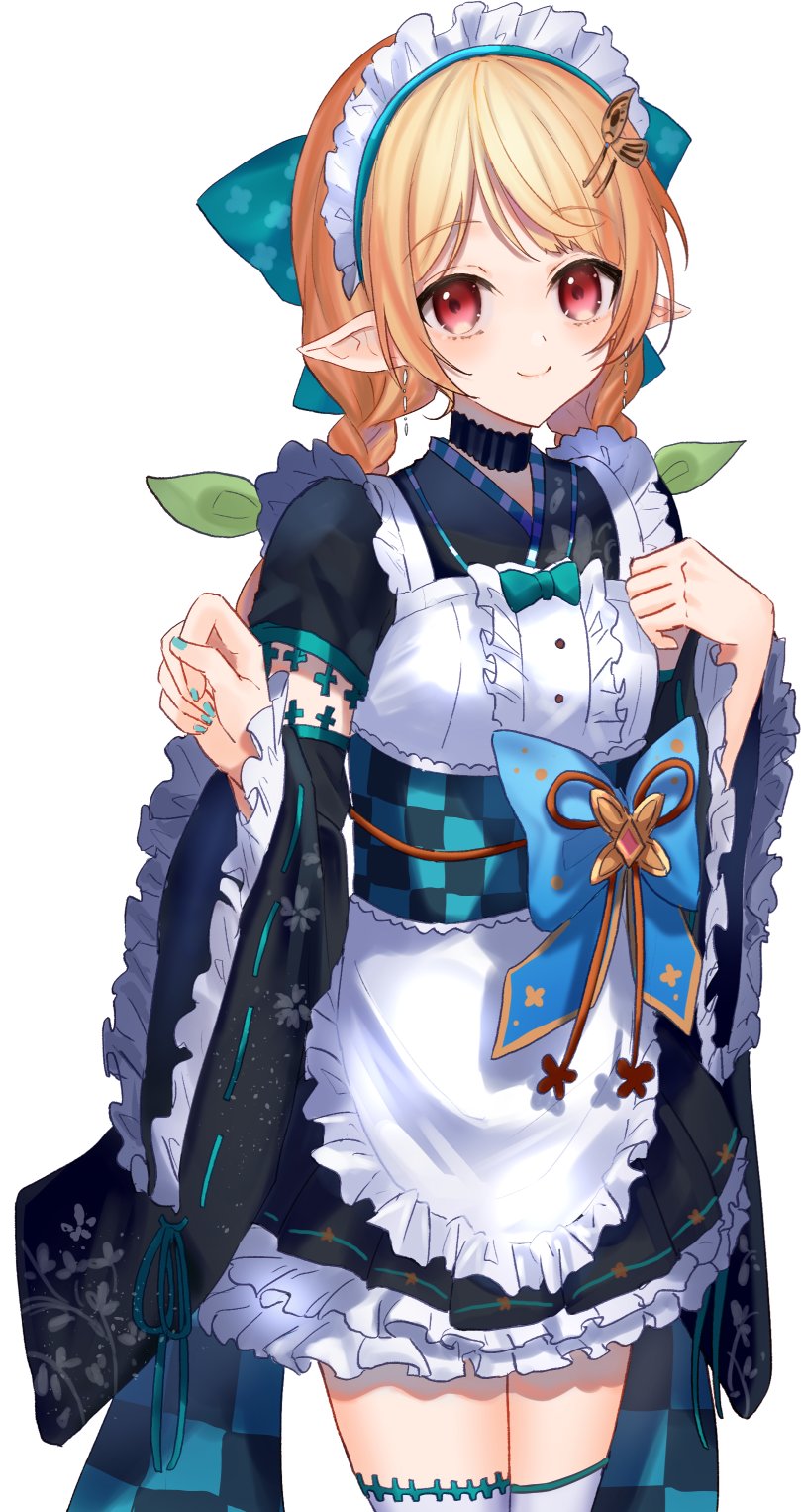 1girl, black_kimono, blonde_hair, blue_bow, blush, bow, braid, breasts, brown_eyes, checkered_sash, entsu_(10_9), green_nails, green_ribbon, green_sash, highres, japanese_clothes, kimono, maid, maid_headdress, nail_polish, nijisanji, nijisanji_en, obi, official_alternate_costume, pointy_ears, pomu_rainpuff, ribbon, sash, small_breasts, smile, solo, thighhighs, twin_braids, virtual_youtuber, wa_maid, white_background, white_thighhighs, zettai_ryouiki