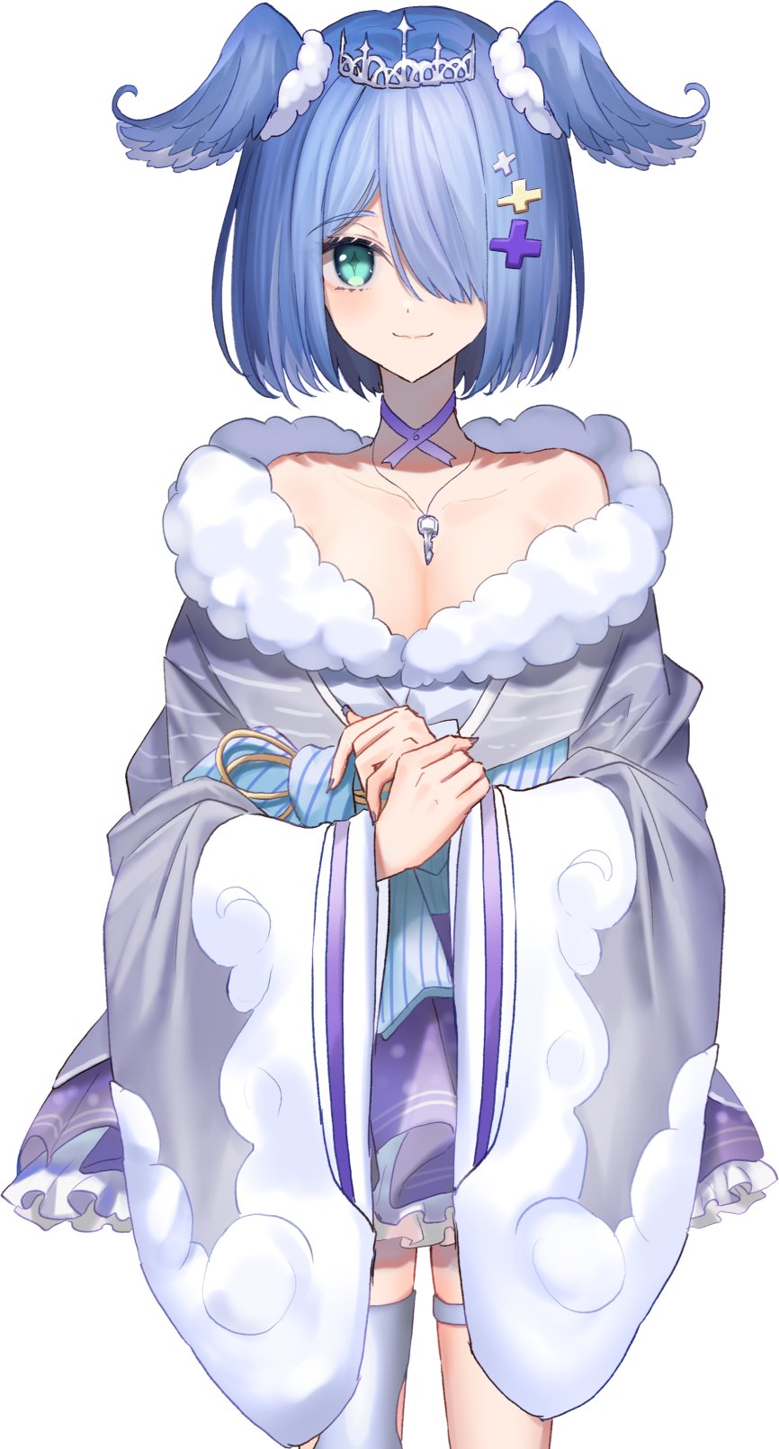 1girl, blue_bow, blue_eyes, blue_hair, bow, breasts, cleavage, collarbone, elira_pendora, elira_pendora_(2nd_costume), entsu_(10_9), grey_kimono, hair_over_one_eye, head_wings, highres, japanese_clothes, jewelry, key, kimono, necklace, nijisanji, nijisanji_en, off_shoulder, official_alternate_costume, one_eye_covered, purple_skirt, short_hair, single_thighhigh, skirt, smile, solo, thigh_strap, thighhighs, tiara, virtual_youtuber, white_background, wings