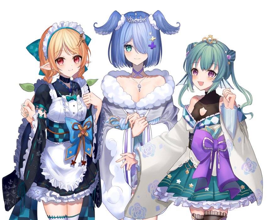 3girls, apron, black_kimono, blonde_hair, blue_bow, blue_eyes, blue_hair, blush, bow, braid, breasts, brown_eyes, checkered_sash, cleavage, cleavage_cutout, clothing_cutout, collarbone, double_bun, elira_pendora, elira_pendora_(2nd_costume), entsu_(10_9), finana_ryugu, fins, fish_girl, green_hair, green_nails, green_ribbon, green_sash, green_skirt, grey_kimono, hair_bun, hair_over_one_eye, head_fins, head_wings, highres, japanese_clothes, jewelry, key, kimono, lazulight, maid, maid_apron, maid_headdress, multiple_girls, nail_polish, necklace, nijisanji, nijisanji_en, obi, off_shoulder, official_alternate_costume, one_eye_covered, open_mouth, pointy_ears, pomu_rainpuff, purple_bow, purple_eyes, purple_skirt, ribbon, sash, short_hair, single_thighhigh, skirt, small_breasts, smile, thigh_strap, thighhighs, tiara, twin_braids, twintails, virtual_youtuber, wa_maid, white_background, white_legwear, wings, yellow_kimono, zettai_ryouiki