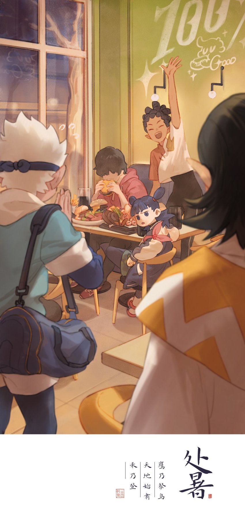 1girl, 4boys, arm_up, bag, bean_mr12, black_hair, burger, chair