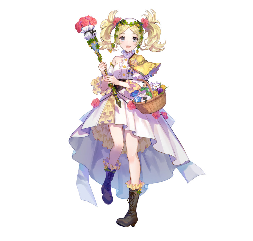 1girl, absurdres, bare_shoulders, basket, blonde_hair, blue_eyes, boots, capelet