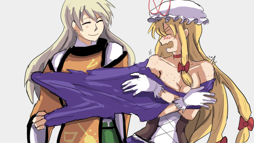 2girls, arong, bite_mark, blonde_hair, blush, breasts, cleavage, constellation, constellation_print, corset, covering_privates, covering_breasts, dress, closed_eyes, fang, gloves, green_skirt, hat, hat_ribbon, highres, long_hair, long_sleeves, matara_okina, mob_cap, multiple_girls, open_mouth, orange_sleeves, purple_dress, ribbon, simple_background, skirt, smile, sun_symbol, tabard, tearing_clothes, torn_clothes, touhou, undressing_another, white_background, wide_sleeves, yakumo_yukari