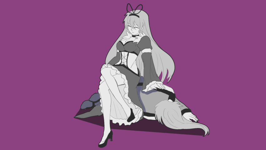 arong, black_ribbon, blonde_hair, boots, breasts, cleavage, closed_eyes, corset