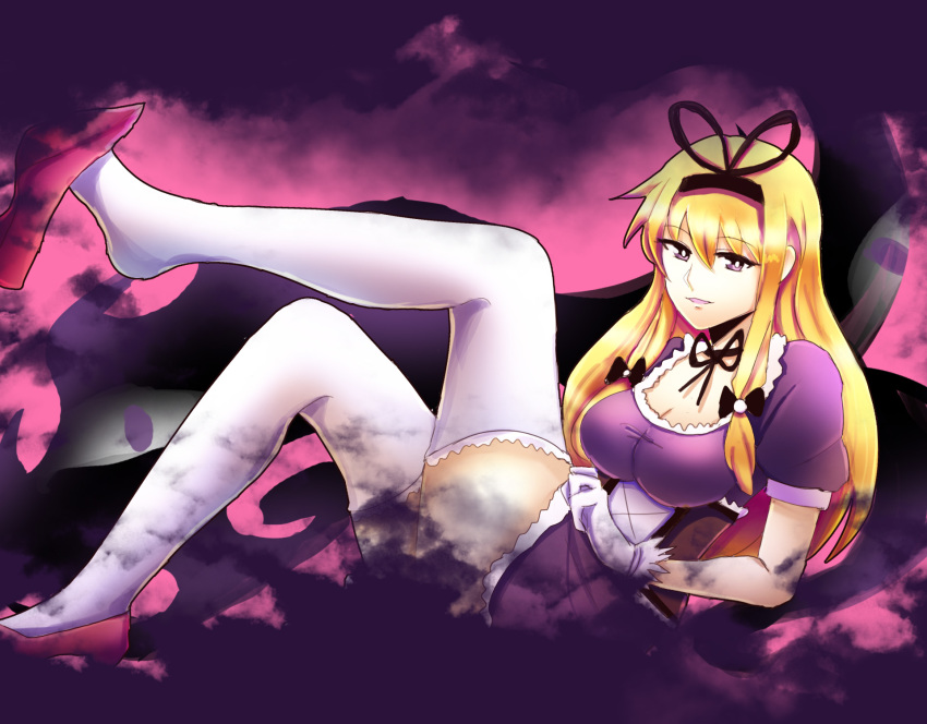 1girl, arong, black_ribbon, blonde_hair, bow, breasts, cleavage, convenient_censoring