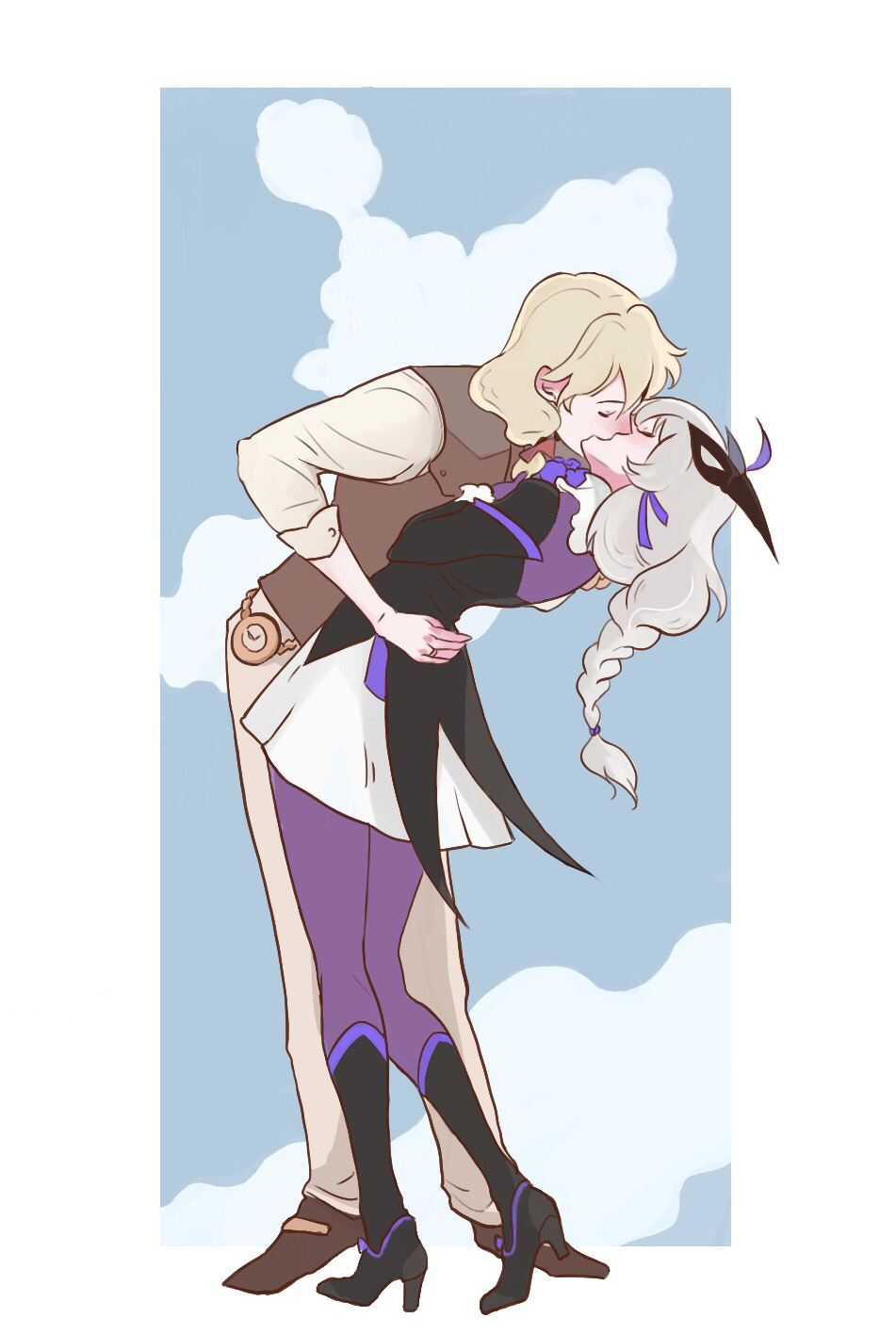 1boy, 1girl, black_footwear, black_jacket, blonde_hair, blue_sky, boots, border