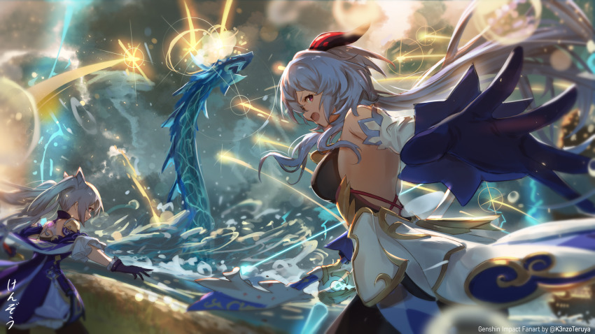 amos'_bow_(genshin_impact), arrow_(projectile), artist_name, back, backless_outfit, bell, blue_gloves, blue_hair