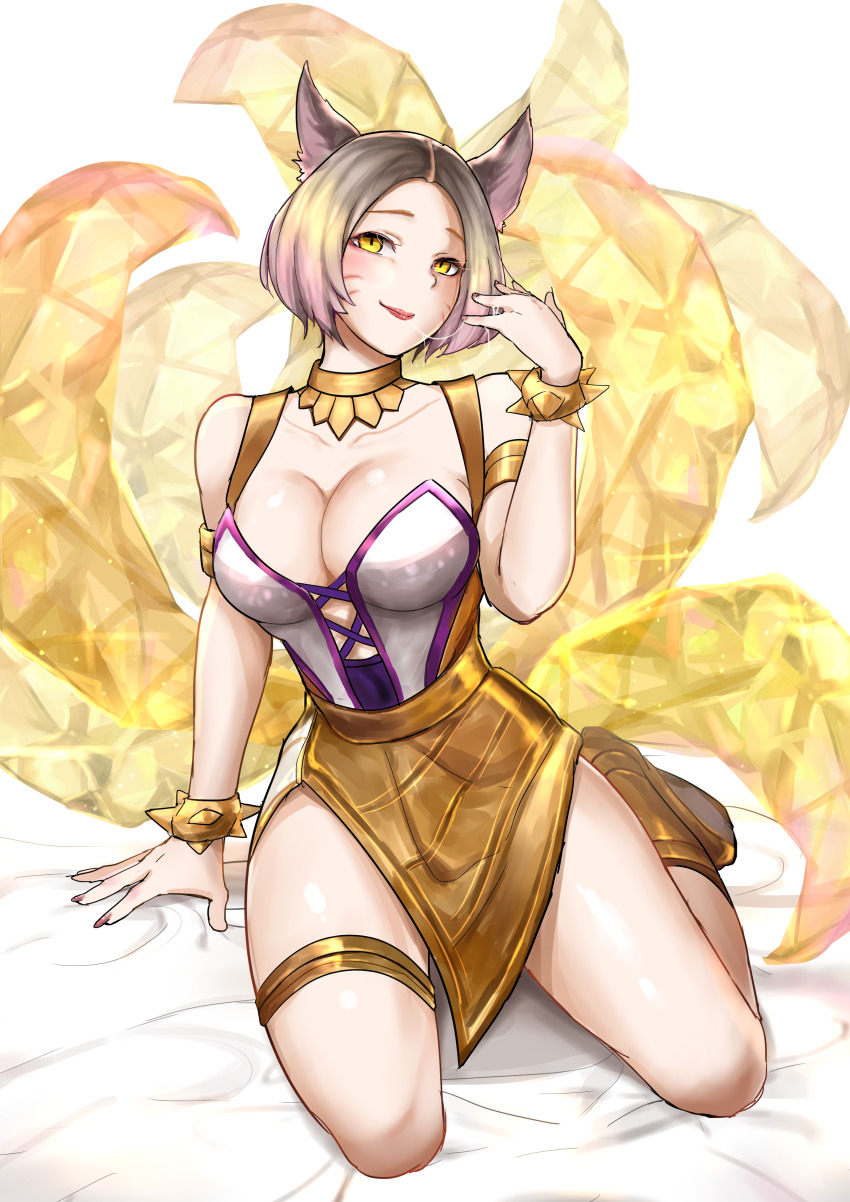 1girl, absurdres, ahri_(league_of_legends), animal_ears, arm_support, bare_shoulders, blonde_hair, bracelet