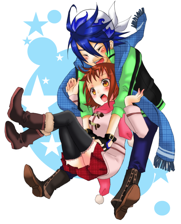 1boy, 1girl, akari_(bokujou_monogatari), bad_id, bad_pixiv_id, blue_hair, brown_eyes, brown_hair, harvest_moon, harvest_moon_animal_parade, harvest_moon_tree_of_tranquility, hetero, hug, hug_from_behind, luke_(bokujou_monogatari), scarf, suzusi, thighhighs