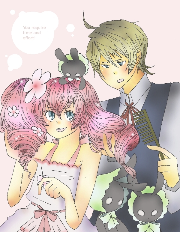 1boy, 1girl, bad_id, bad_pixiv_id, blue_eyes, brush, rabbit, comb