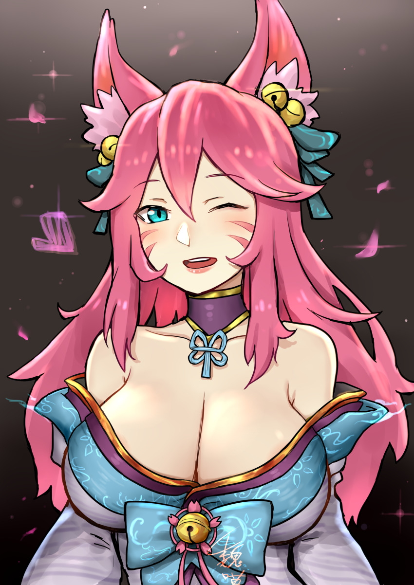 1girl, absurdres, ahri_(league_of_legends), animal_ears, bare_shoulders, bow, bowtie, breasts