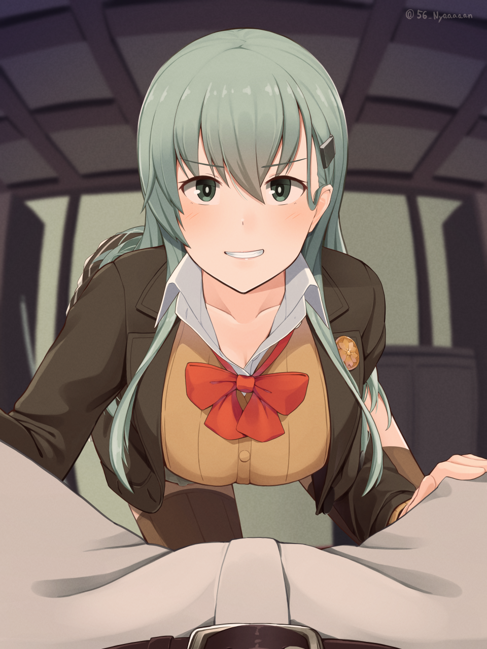 1boy, 1girl, admiral_(kancolle), befu, belt, belt_buckle, black_belt, blouse