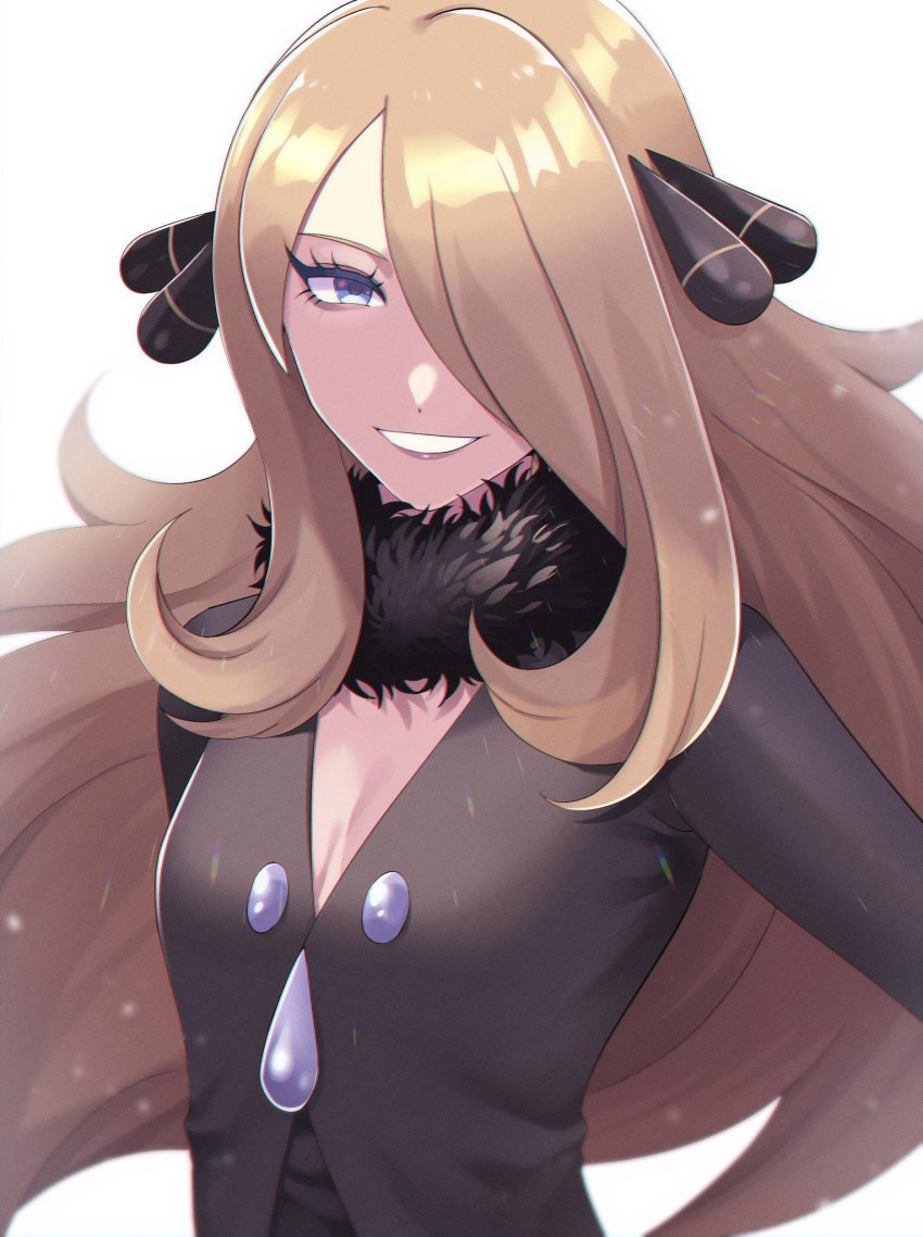 1girl, blonde_hair, blue_eyes, blurry, breasts, brown_coat, cleavage, coat