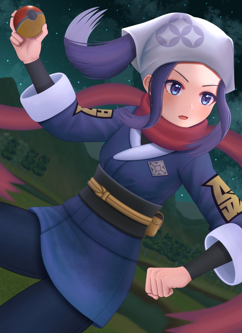 1girl, absurdres, akari_(pokemon), black_pantyhose, black_sash, black_shirt, blue_eyes, blue_jacket