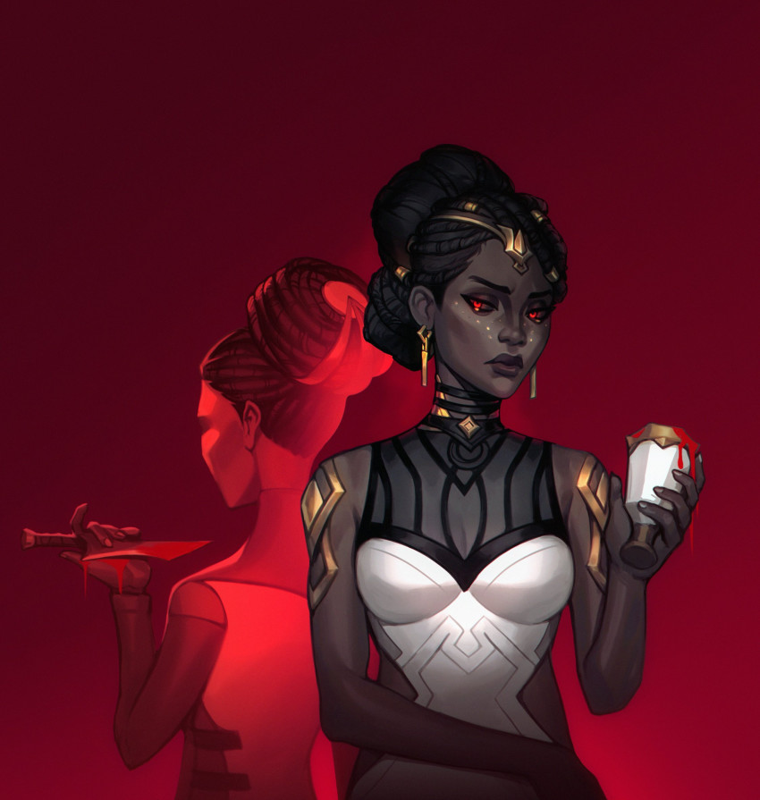 1girl, aged_down, arcane:_league_of_legends, armor, breasts, commentary, dark-skinned_female, dark_skin, dreadlocks, earrings, gold_armor, gradient_background, highres, jewelry, league_of_legends, mel_(league_of_legends), red_background, short_hair, shoulder_plates, vladbacescu