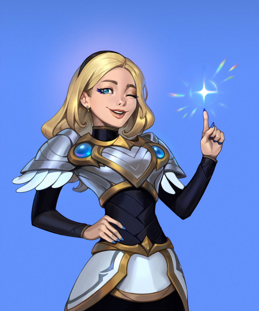 1girl, absurdres, armor, black_hairband, blonde_hair, blue_background, blue_nails, breastplate, commentary, earrings, english_commentary, gem, hairband, heart, highres, jewelry, league_of_legends, long_hair, long_sleeves, looking_at_viewer, lux_(league_of_legends), nail_polish, one_eye_closed, shoulder_armor, simple_background, skirt, smile, solo, sparkle, teeth, vladbacescu, white_skirt