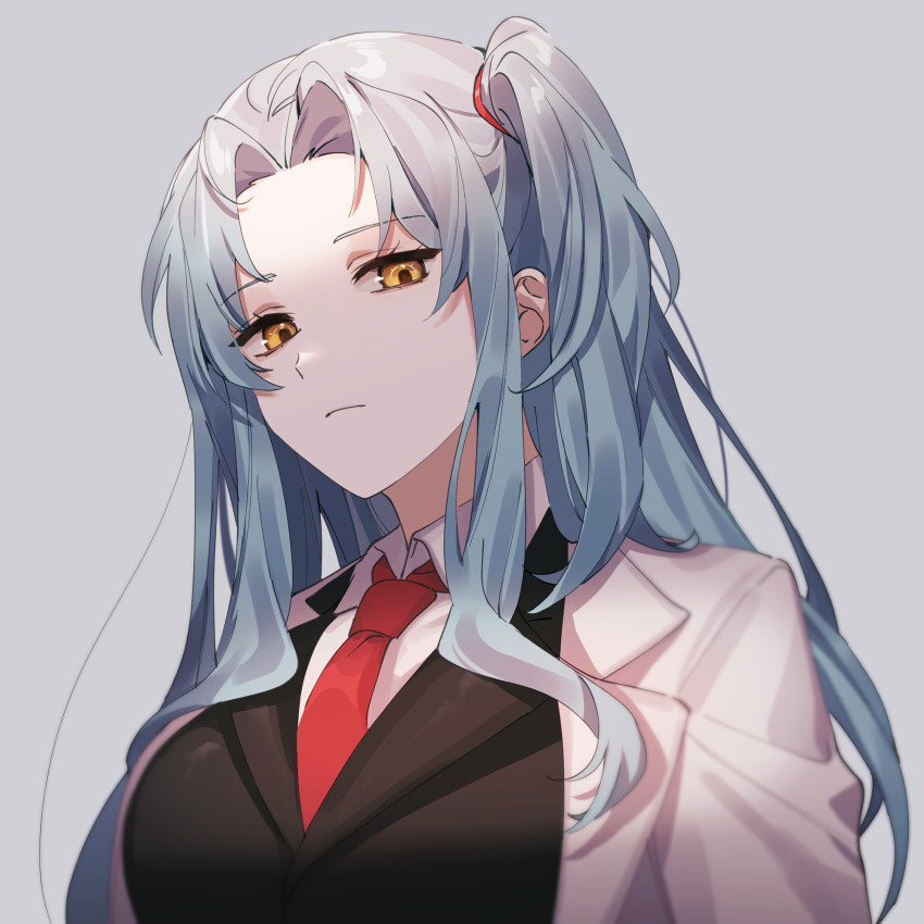 1girl, angela_(project_moon), ap5ry, blouse, blue_hair, breasts, closed_mouth, collared_shirt, hairband, highres, lobotomy_corporation, long_hair, long_sleeves, looking_at_viewer, necktie, project_moon, red_hairband, shirt, side_ponytail, simple_background, solo, white_background, white_shirt, yellow_eyes
