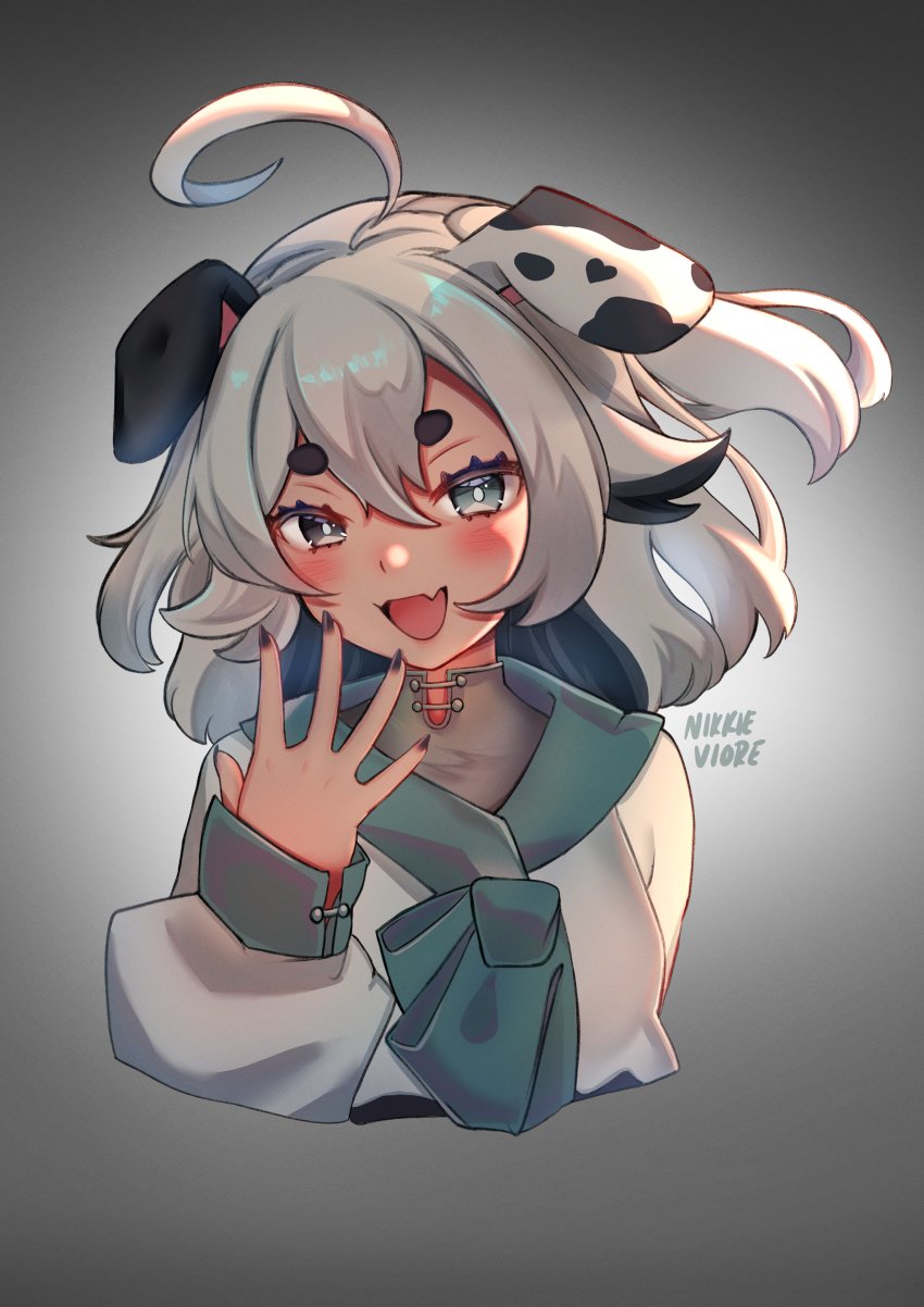 1girl, absurdres, animal_ears, black_eyes, blue_eyes, blush, dalmatian, dog_ears