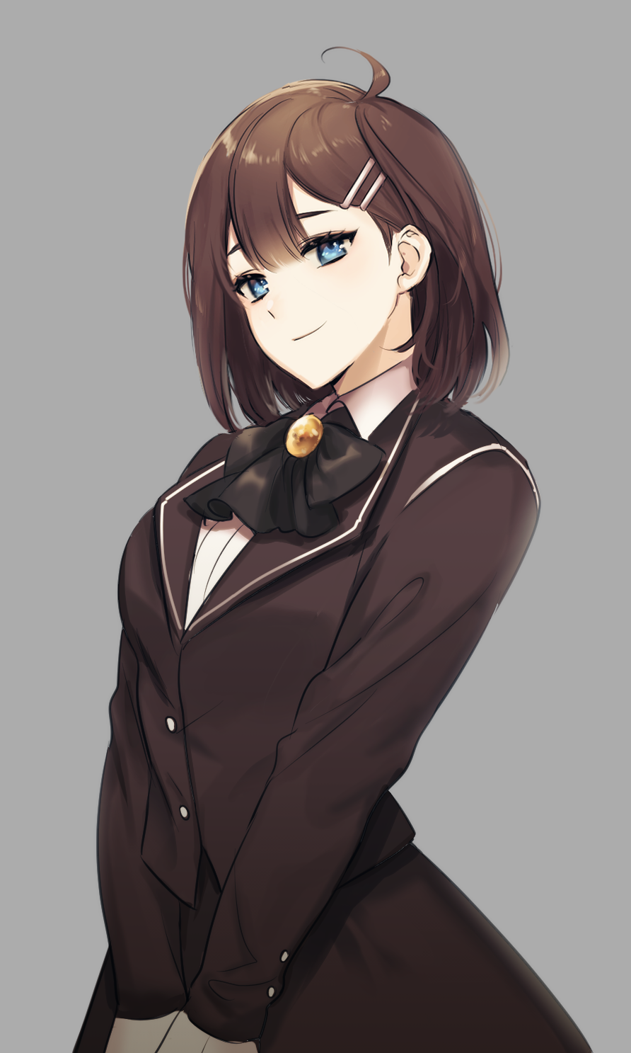 1girl, ap5ry, black_coat, black_neckwear, blue_eyes, breasts, brown_hair, buttoned_cuffs