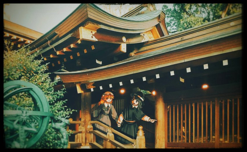 2girls, :d, architecture, black_border, black_capelet, black_eyes, black_hair, black_headwear