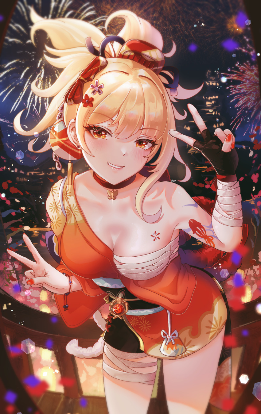 1girl, absurdres, architecture, arm_tattoo, bandaged_leg, bandaged_wrist, bandages, black_gloves