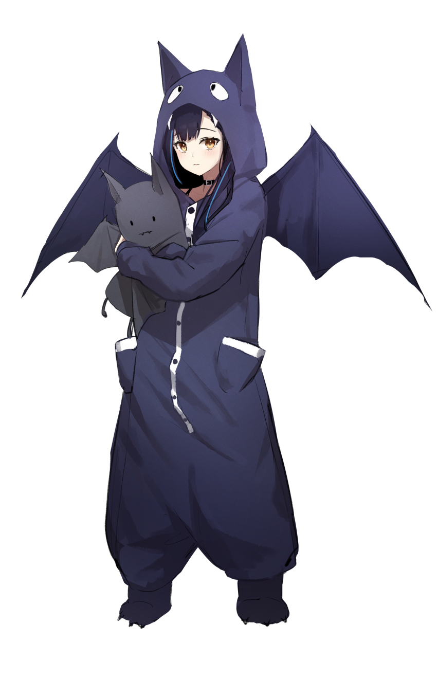 1girl, absurdres, animal_ears, animal_hood, bat_costume, bat_wings, black_hair, blue_hair