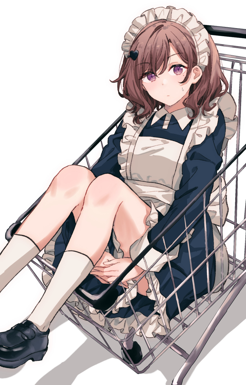1girl, apron, black_dress, black_shoes, blush, brown_hair, closed_mouth, covering_crotch, covering_privates, dress, feet_out_of_frame, frilled_apron, frills, hair_ornament, hairclip, heart, heart_hair_ornament, highres, higuchi_madoka, idolmaster, idolmaster_shiny_colors, kneehighs, legs_up, loafers, long_sleeves, looking_at_viewer, maid, maid_headdress, migolu, mole, mole_under_eye, purple_eyes, shoes, shopping_cart, short_hair, simple_background, socks, solo, sweatdrop, white_apron, white_background, white_socks
