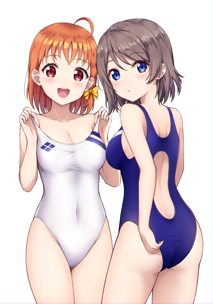 absurdres, adjusting_clothes, adjusting_swimsuit, ahoge, blue_eyes, blue_one-piece_swimsuit, braid, breasts