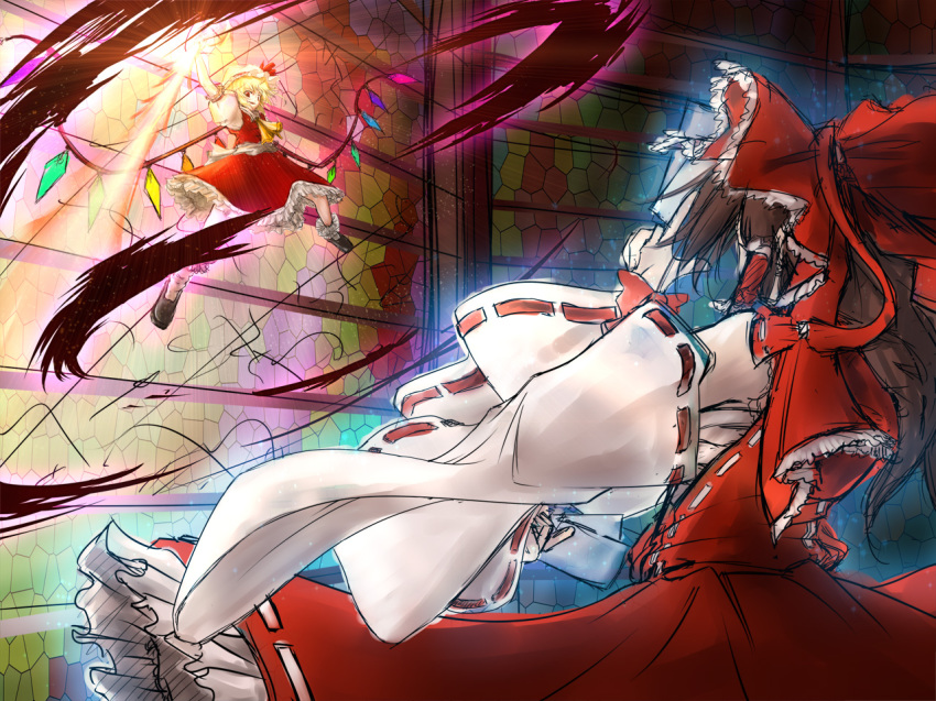 2girls, bad_id, bad_pixiv_id, bare_shoulders, battle, blonde_hair, bow, crystal