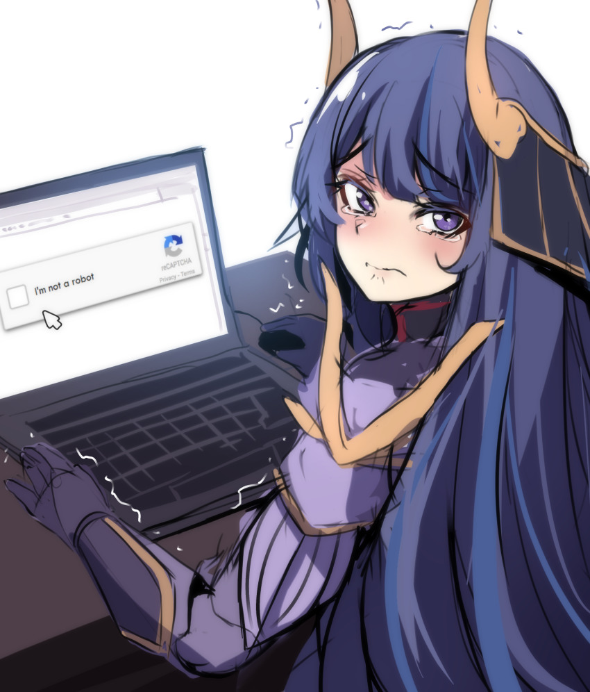 1girl, alternate_costume, blush, captcha, commentary, computer, computer_mouse, cursor