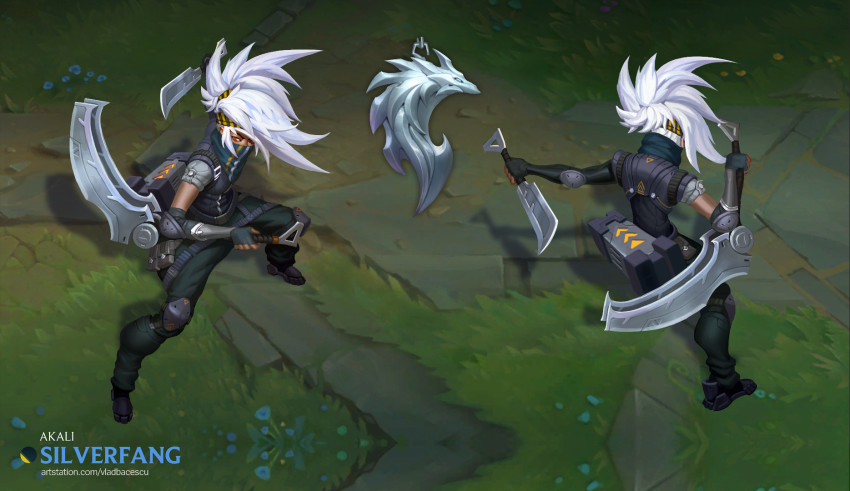 1girl, akali, armor, bag, black_gloves, black_pants, character_name, commentary