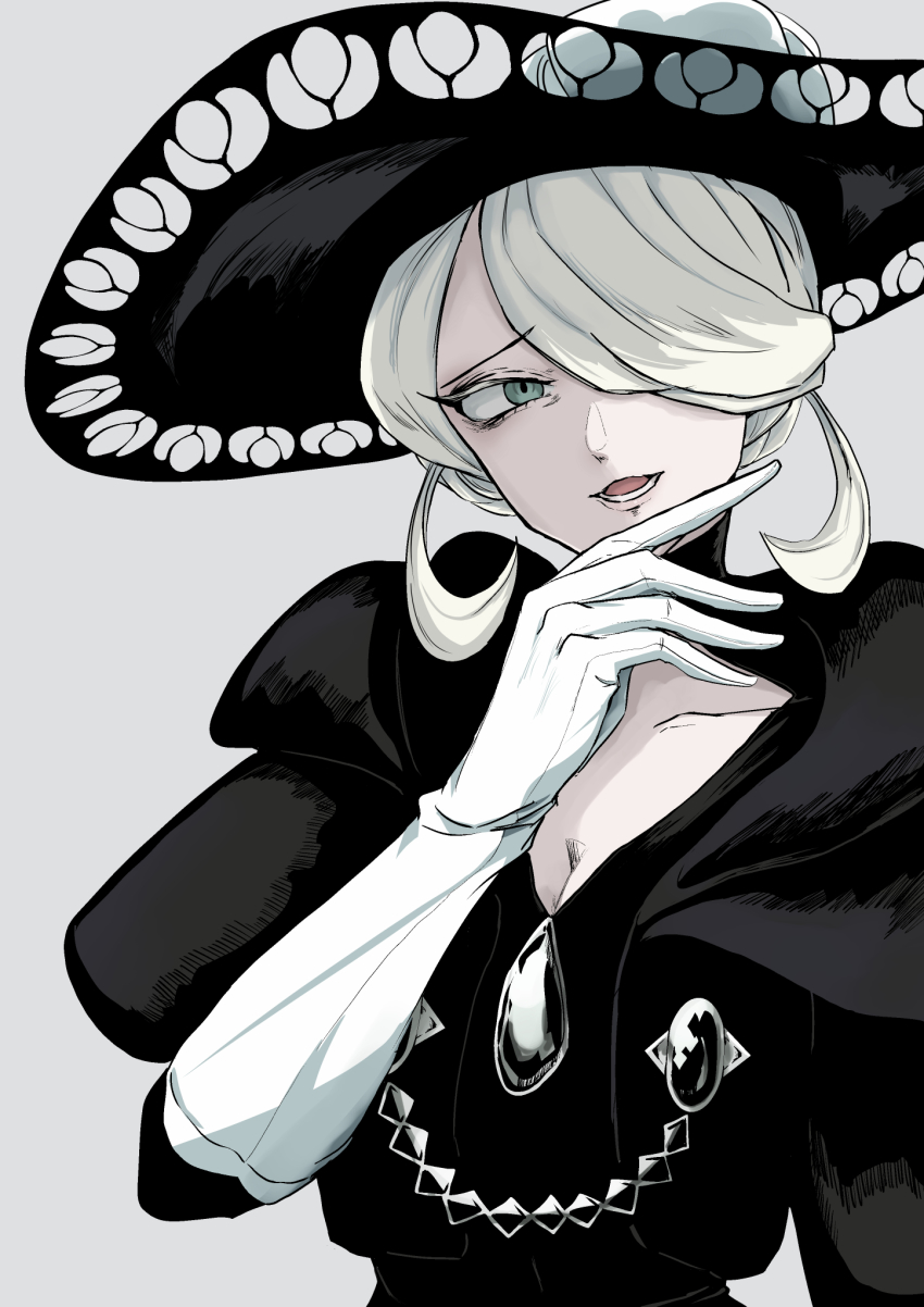 1girl, black_dress, black_hat, blonde_hair, breasts, cleavage, cogita_(pokemon), collarbone, dress, fufu_(fufuichi04), gloves, green_eyes, hair_over_one_eye, hat, highres, looking_to_the_side, lower_teeth_only, nintendo, open_mouth, pokemon, pokemon_legends:_arceus, raised_eyebrows, short_hair, solo, teeth, tongue, upper_body, white_gloves