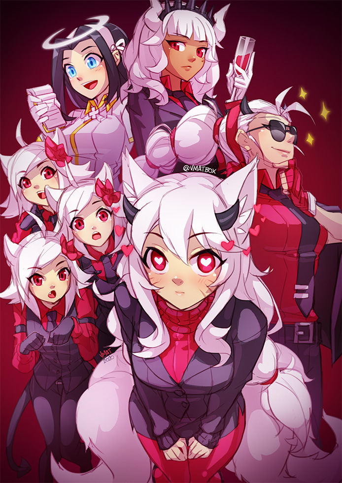 6+girls, ahoge, ahri_(league_of_legends), angel, animal_ear_fluff, animal_ears, armband, artist_name, azazel_(helltaker), belt, black_gloves, black_legwear, black_necktie, black_skirt, blue_eyes, breasts, cerberus_(helltaker), closed_mouth, collared_shirt, commentary, cosplay, crossover, cup, dark-skinned_female, dark_skin, demon_girl, demon_horns, demon_tail, dog_ears, dog_girl, english_commentary, facial_mark, fingerless_gloves, flower, formal_clothes, fox_ears, fox_girl, gloves, gold_trim, gradient_background, hair_between_eyes, hair_flower, hair_ornament, halo, hands_on_own_knees, heart, heart-shaped_pupils, helltaker, holding, holding_cup, holding_notepad, horns, justice_(helltaker), kitsune, knees_together_feet_apart, league_of_legends, light_blush, long_sleeves, looking_at_viewer, lucifer_(helltaker), lux_(league_of_legends), modeus_(helltaker), mole, mole_under_eye, multiple_girls, necktie, neeko_(league_of_legends), notepad, open_mouth, paw_pose, ponytail, qiyana_(league_of_legends), red_background, red_eyes, red_gloves, red_legwear, red_sweater, shaded_face, shirt, skirt, sparkle, standing, suit, sunglasses, sweater, symbol-shaped_pupils, tail, teeth, upper_teeth_only, vayne_(league_of_legends), vmat, whisker_markings, white_gloves, white_hair