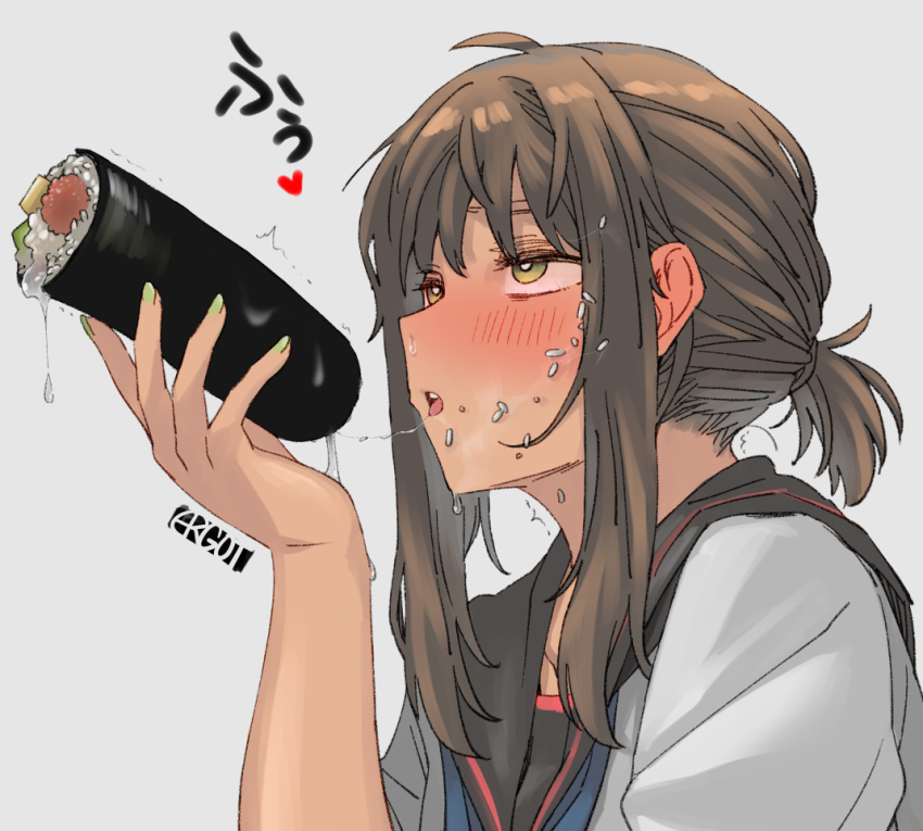 1girl, artist_logo, artist_name, black_sailor_collar, blush, brown_hair, commentary_request, drooling