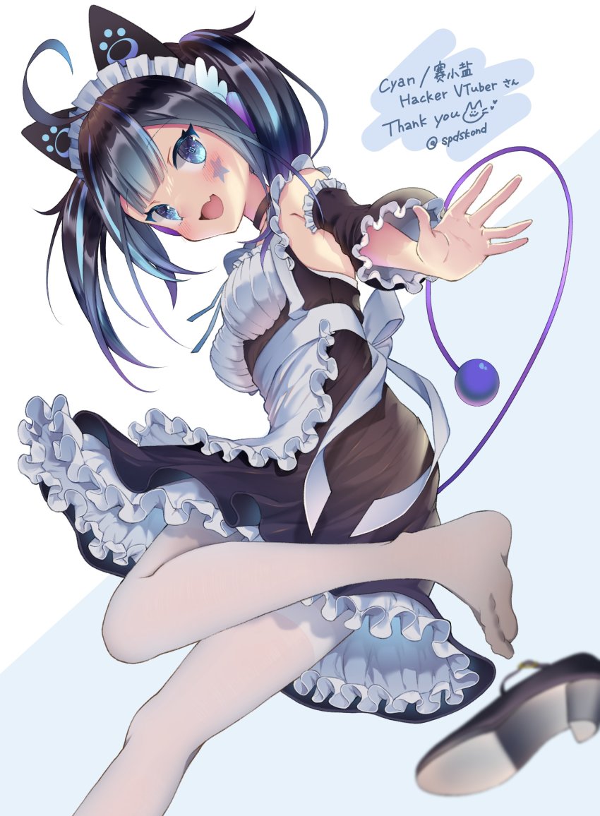 absurdres, animal_ears, blue_eyes, blue_hair, cat_ears, cat_girl, cyan_nyan, fang, feet, gradient_hair, highres, left_shoe_removed, low_angle, maid, multicolored_hair, shoes, single_shoe, smile, tail, tattoo, twintails, unworn_shoe, white_legwear