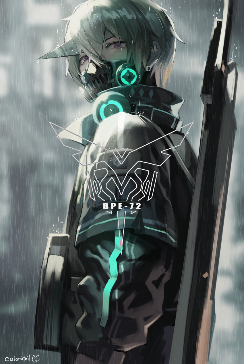 1boy, absurdres, arm_at_side, artist_name, blurry, blurry_background, calamitail, covered_mouth, crossed_bangs, from_side, gas_mask, glowing, grey_hair, hair_between_eyes, half-closed_eyes, headphones, headphones_around_neck, highres, horns, kamui:_bastion_(end_messenger)_(pgr), kamui:_bastion_(pgr), kamui_(pgr), layered_sleeves, long_sleeves, looking_at_viewer, looking_down, looking_to_the_side, male_focus, mask, official_alternate_costume, oni_horns, punishing:_gray_raven, purple_eyes, rain, respirator, science_fiction, short_hair, short_over_long_sleeves, short_sleeves, single_horn, solo, turtleneck, upper_body, weapon, weapon_on_back, wet, wet_hair
