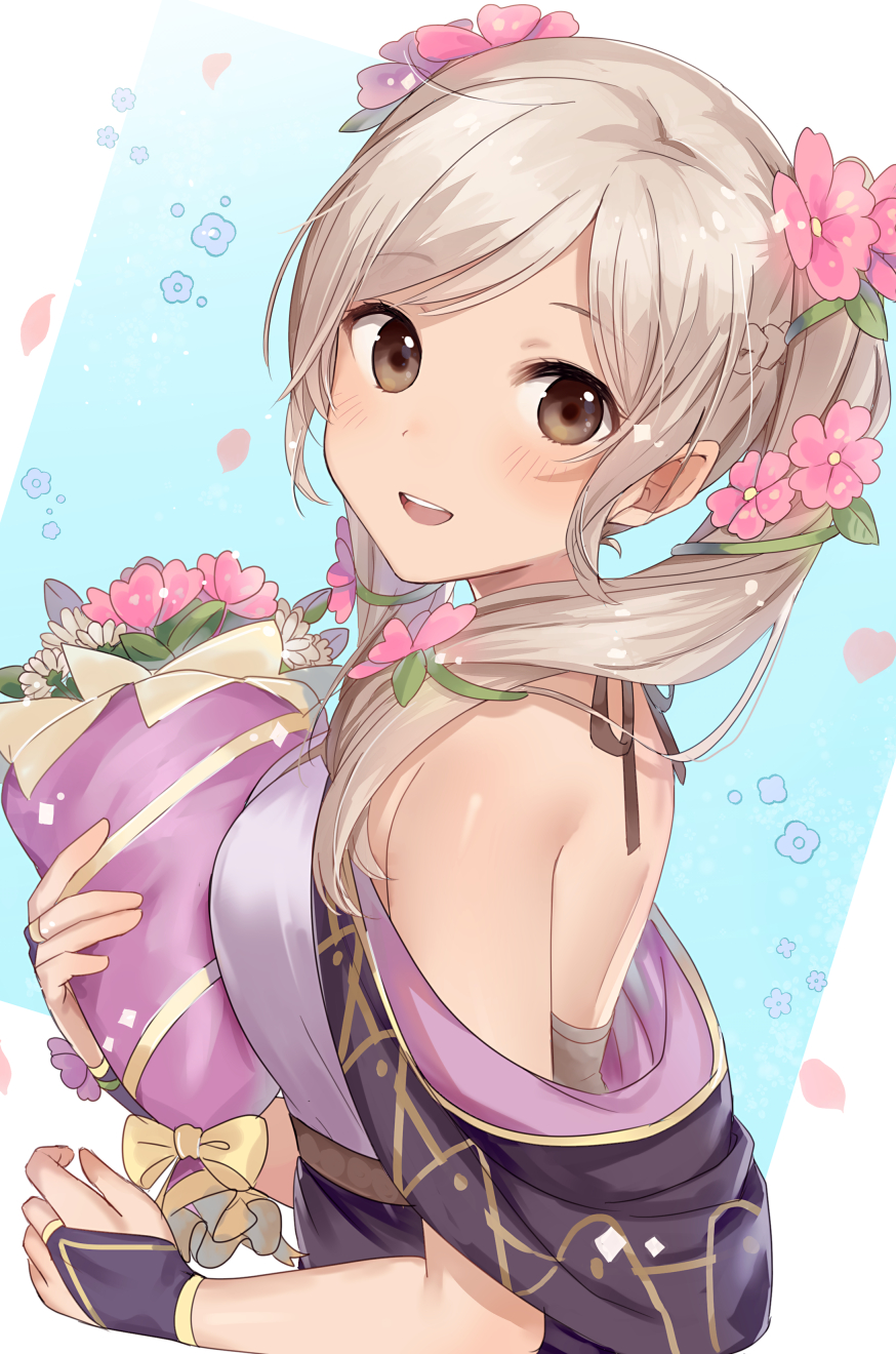 1girl, bare_shoulders, blue_background, bouquet, breasts, brown_eyes, female_robin_(fire_emblem), fire_emblem